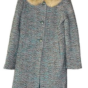Ann Taylor Loft-Vintage, Teal, Wool Blend, Faux Fur Collar, Long, Pea Coat. Sz-6